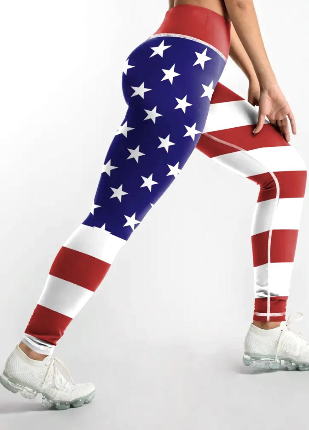 Americana Flag Print High Waist Leggings - Red - 3