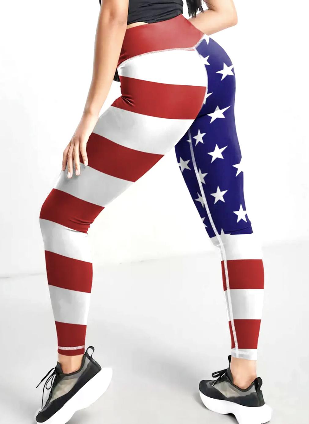 Americana Flag Print High Waist Leggings - Red - 4
