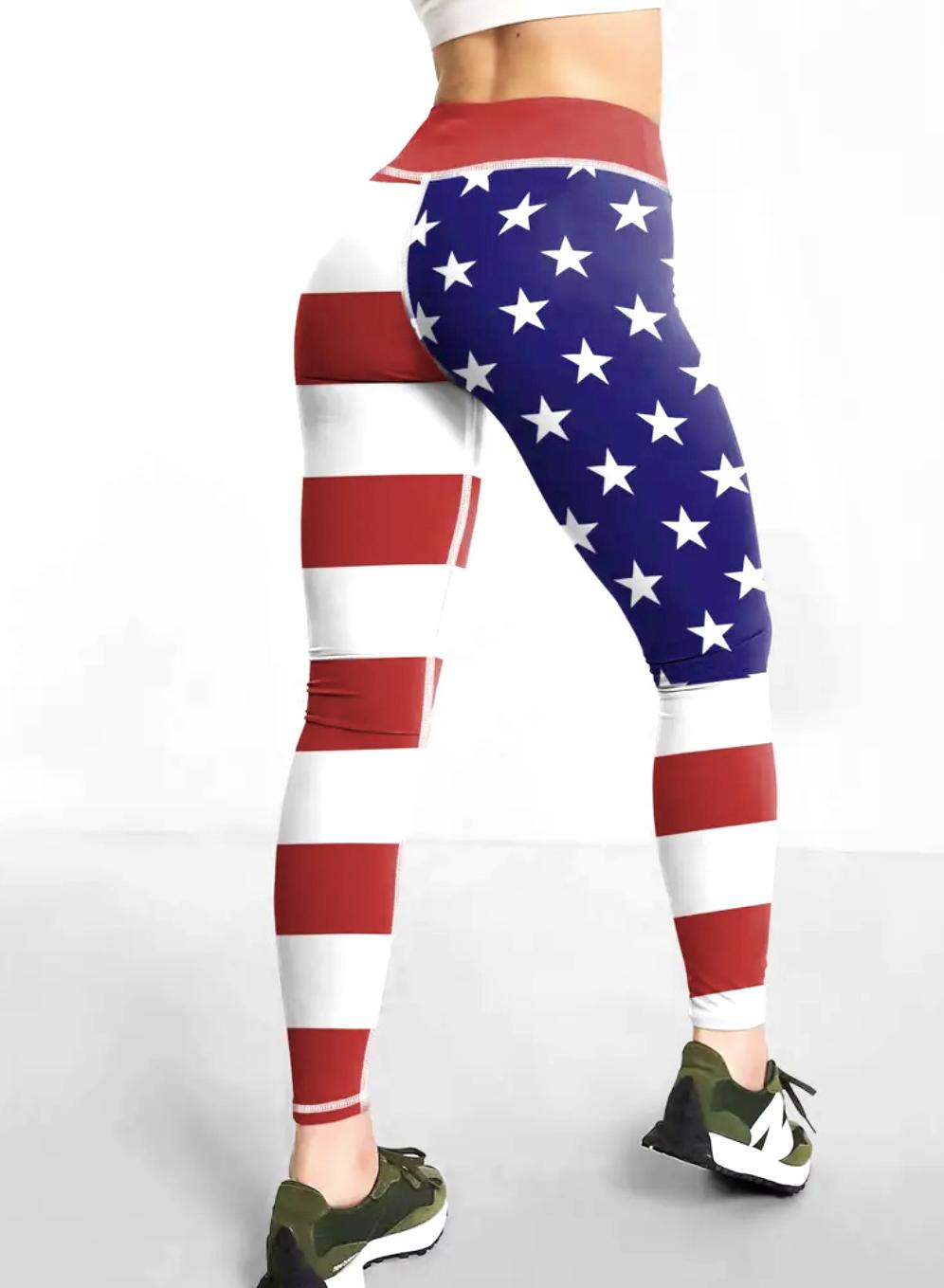 Americana Flag Print High Waist Leggings - Red - 5