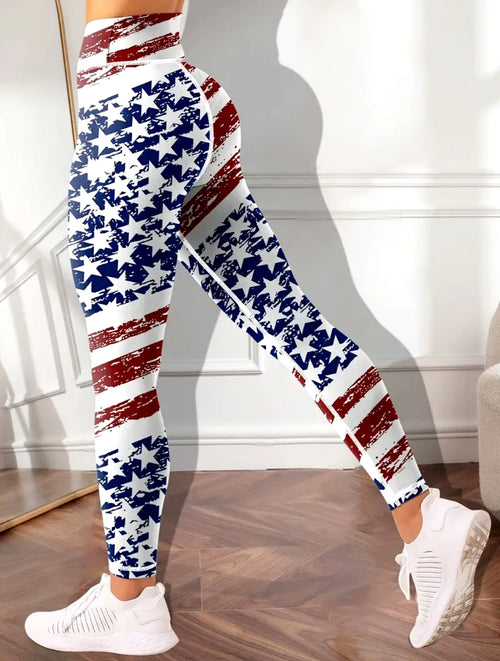 Americana Flag Print High Waist Leggings - Star