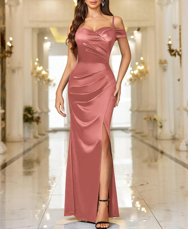 Satin Cold Shoulder Ruched Thigh Slit Maxi Gown - Dusty Rose