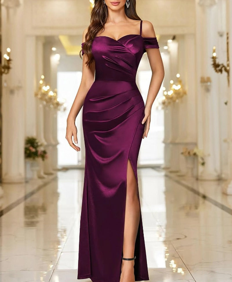 Satin Cold Shoulder Ruched Thigh Slit Maxi Gown - Plum