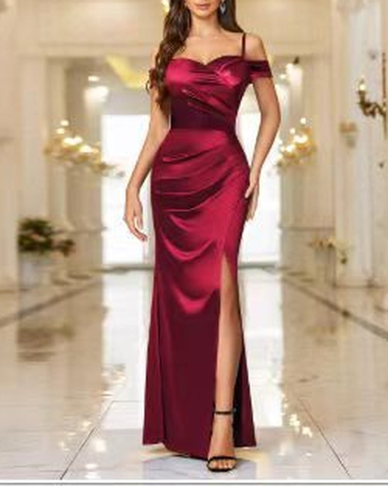 Satin Cold Shoulder Ruched Thigh Slit Maxi Gown - Wine Red