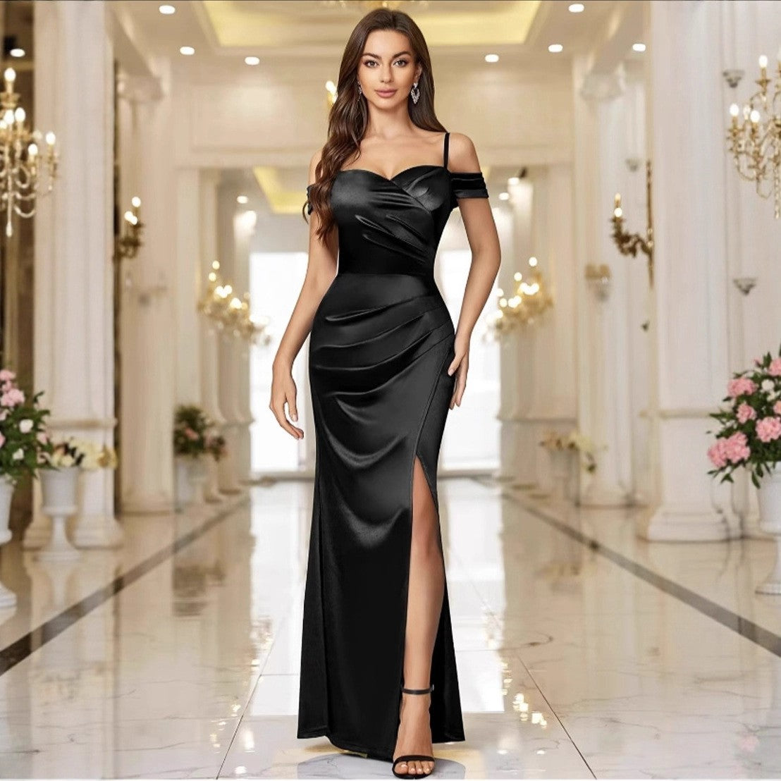 Satin Cold Shoulder Ruched Thigh Slit Maxi Gown