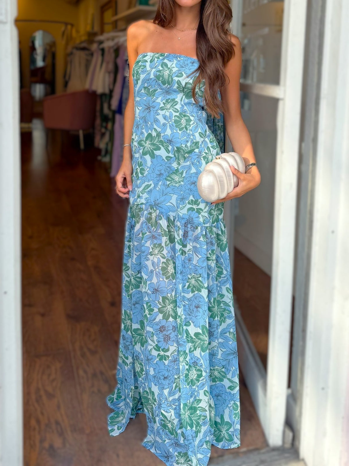 Sleeveless Floral Print Tiered Maxi Dress - Blue