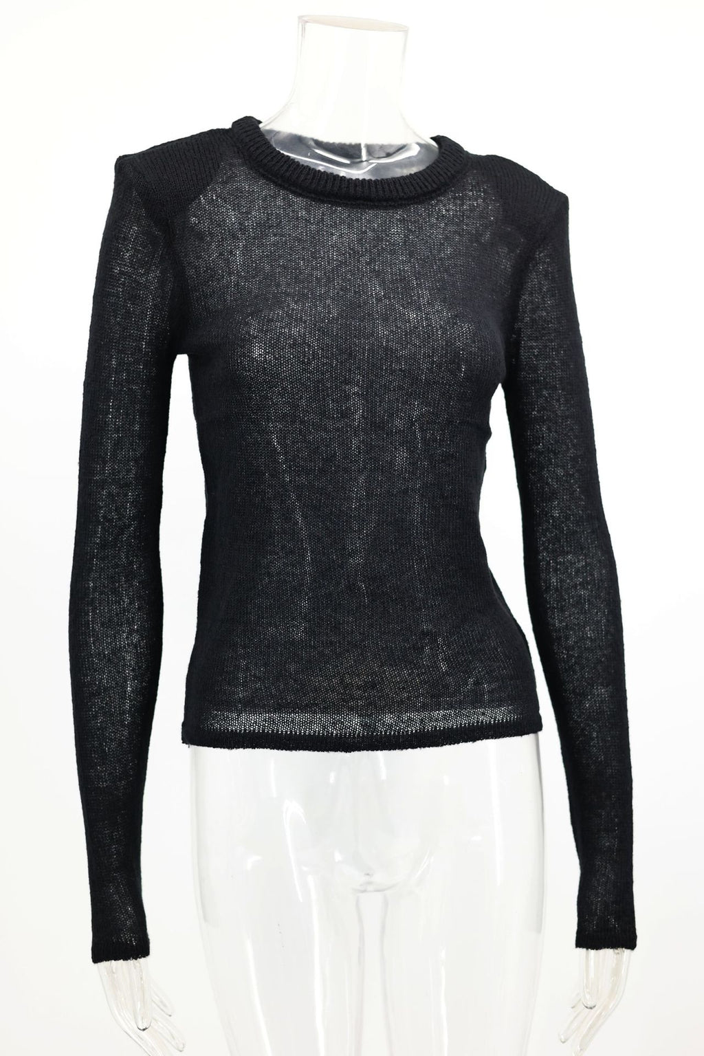 Sheer Fuzzy Knit Crewneck Sweater - Black