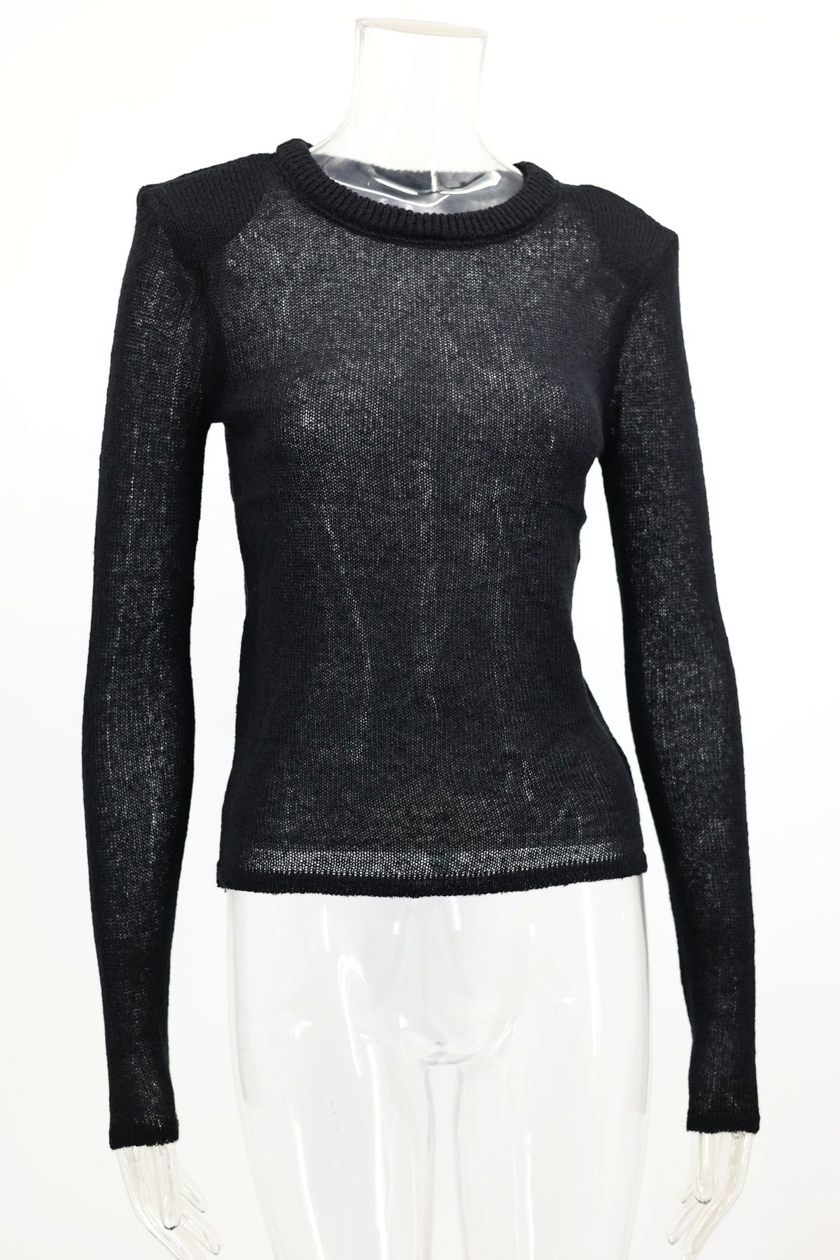 Sheer Fuzzy Knit Crewneck Sweater - Black