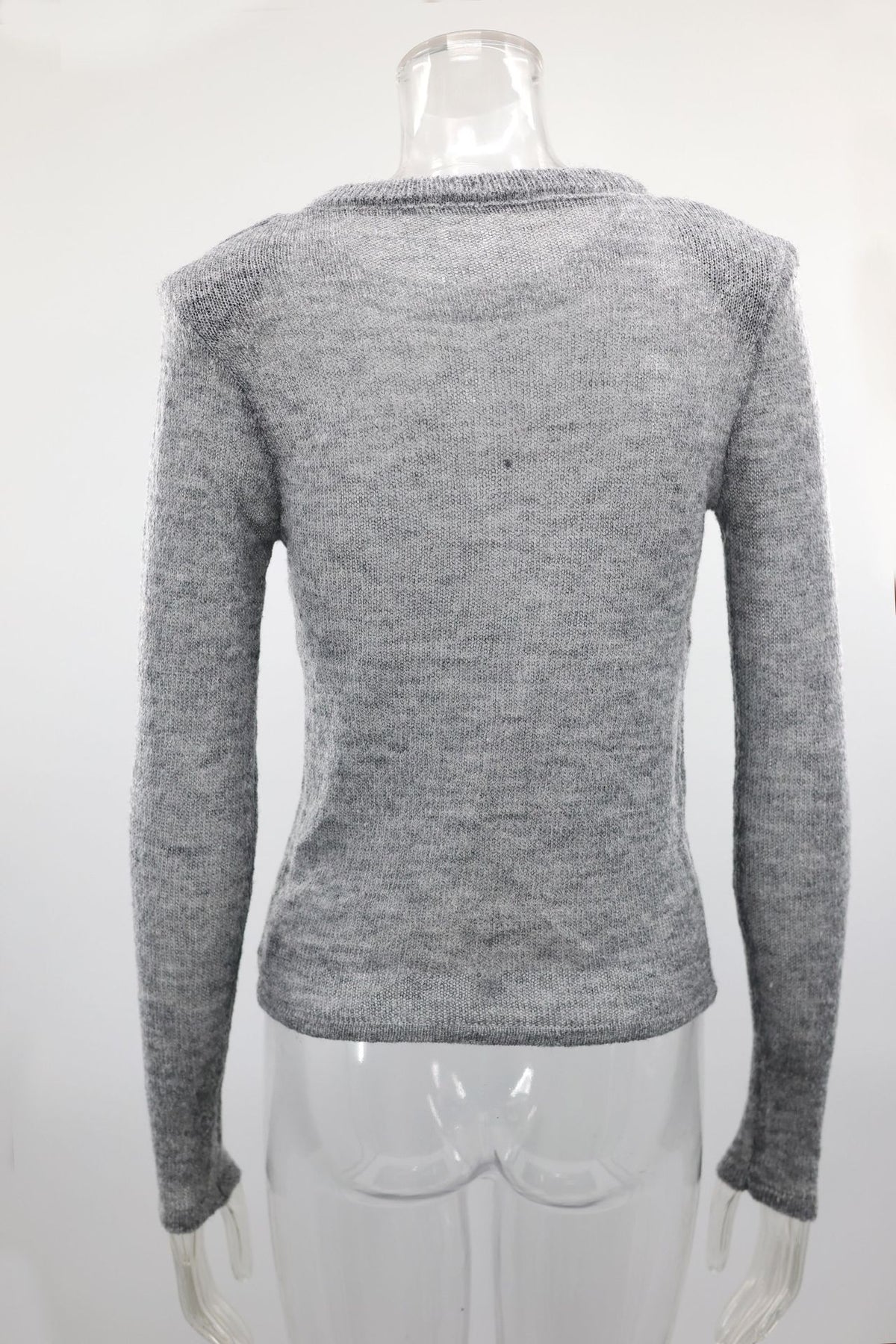 Sheer Fuzzy Knit Crewneck Sweater - Grey - 1