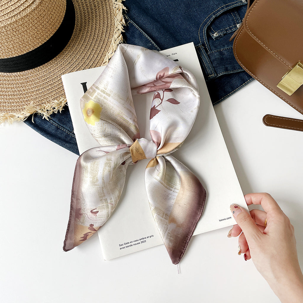 Painted Blossom Print Square Bandana - Coffee