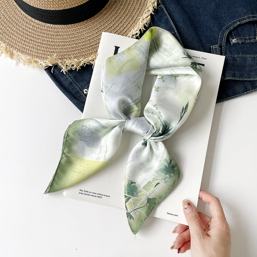 Painted Blossom Print Square Bandana - Green