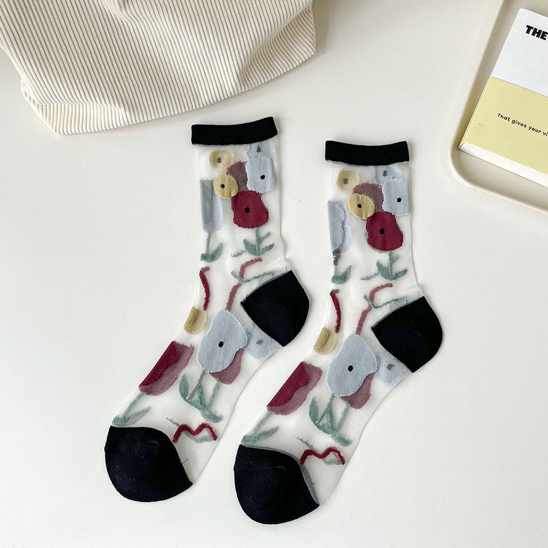 Sheer Mesh Floral Crew Socks - Black