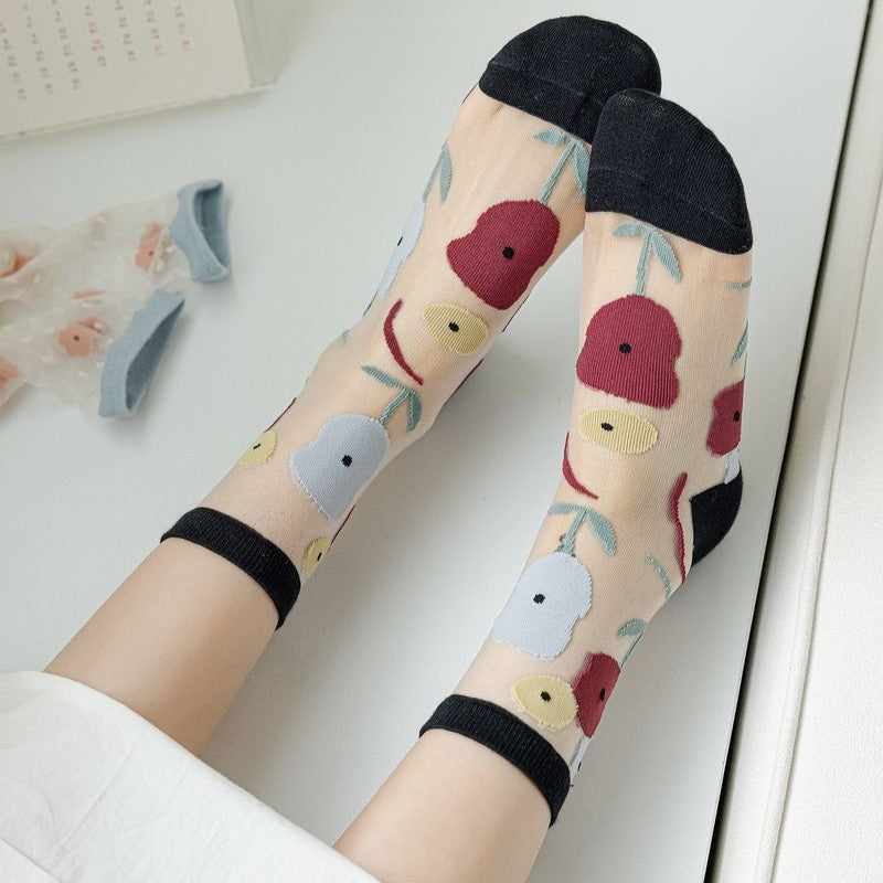 Sheer Mesh Floral Crew Socks - Black - 1