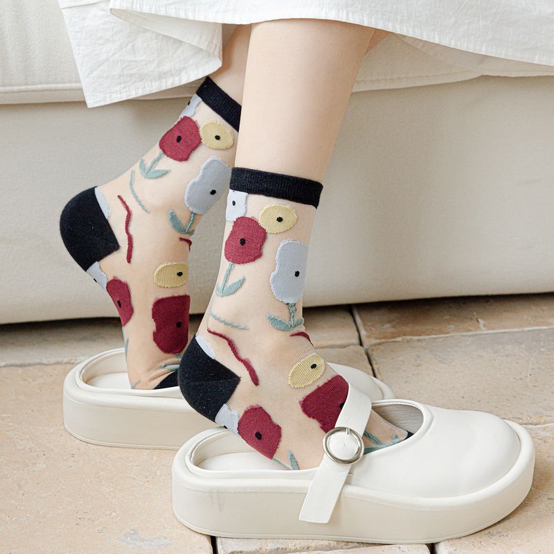 Sheer Mesh Floral Crew Socks - Black - 3
