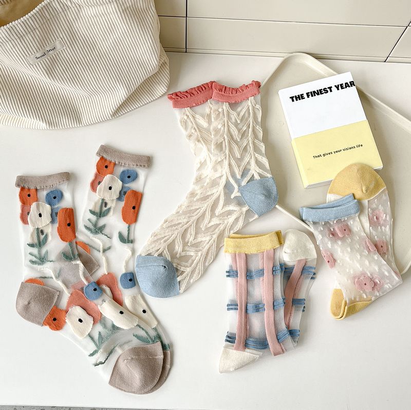 Sheer Mesh Floral Crew Socks - Black - 4