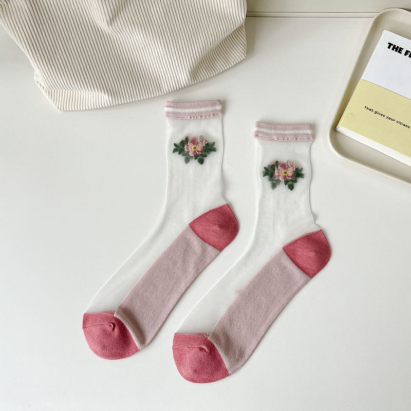 Sheer Mesh Floral Crew Socks - Flower