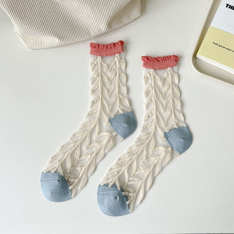 Sheer Mesh Floral Crew Socks - Tree