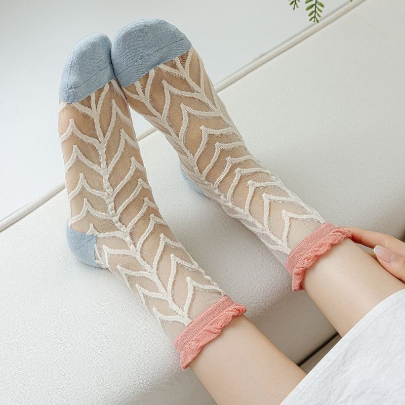 Sheer Mesh Floral Crew Socks - Tree - 2