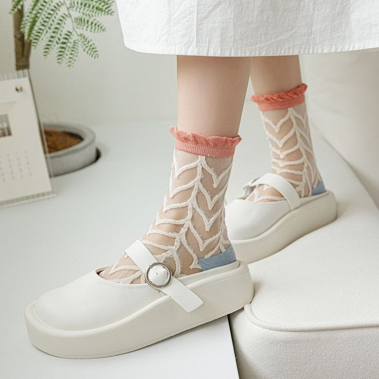 Sheer Mesh Floral Crew Socks - Tree - 3
