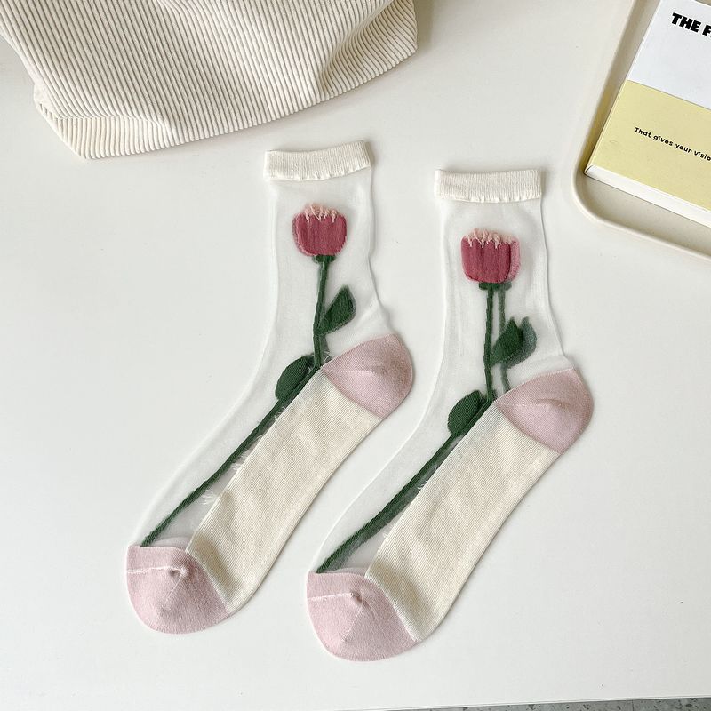 Sheer Mesh Floral Crew Socks - Tulip