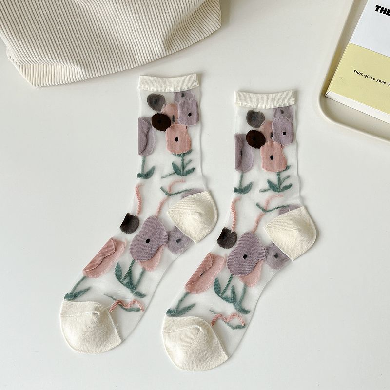 Sheer Mesh Floral Crew Socks - White