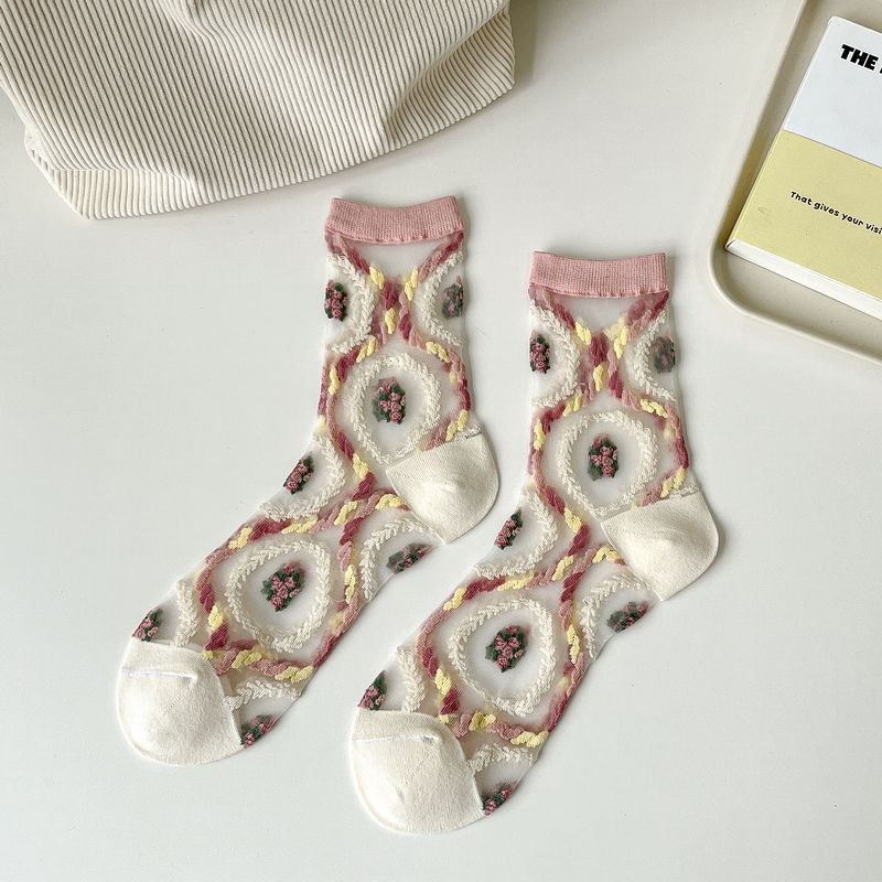Sheer Mesh Floral Crew Socks - Wreath