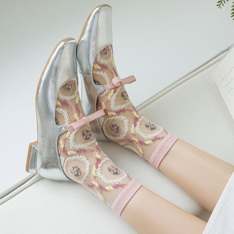 Sheer Mesh Floral Crew Socks - Wreath - 2