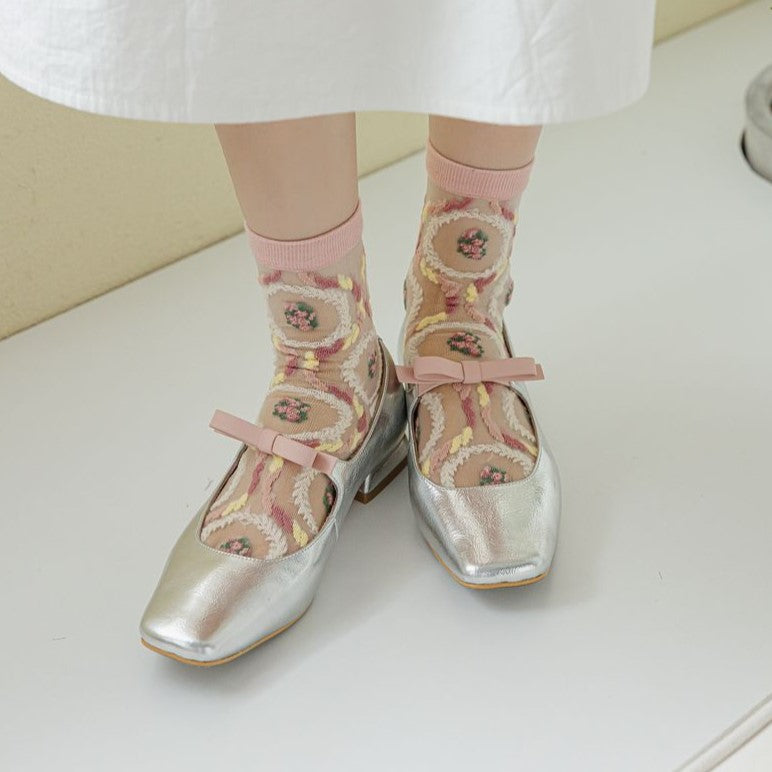 Sheer Mesh Floral Crew Socks - Wreath - 3
