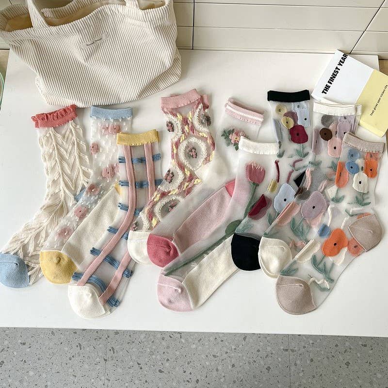 Sheer Mesh Floral Crew Socks