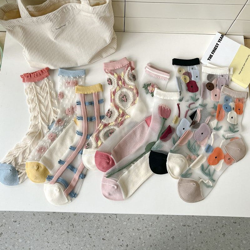 Sheer Mesh Floral Crew Socks - view 1