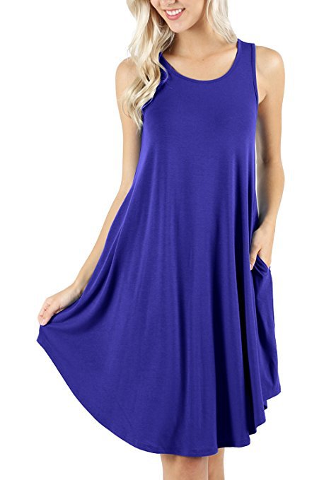 Scoop Neck Swing Dress With Pockets - Blue