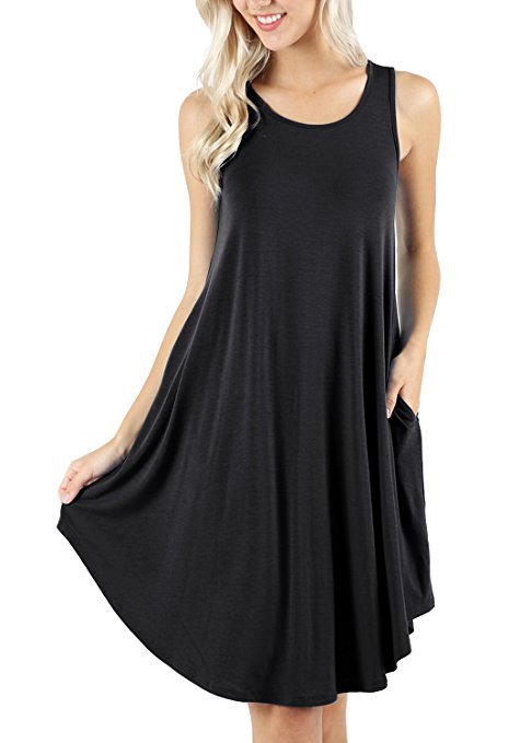 Scoop Neck Swing Dress With Pockets - black