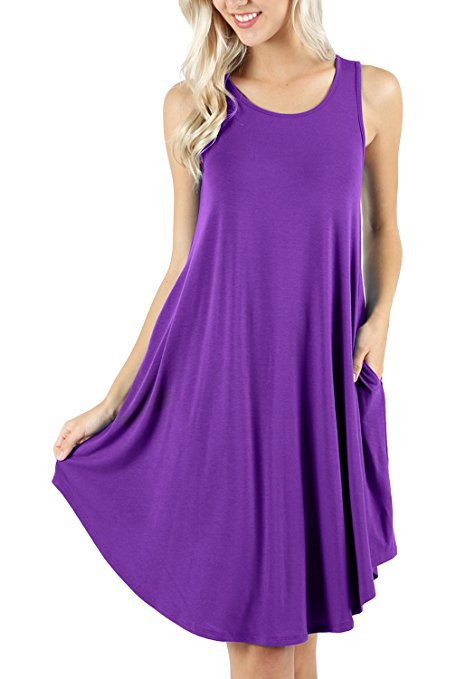 Scoop Neck Swing Dress With Pockets - purple