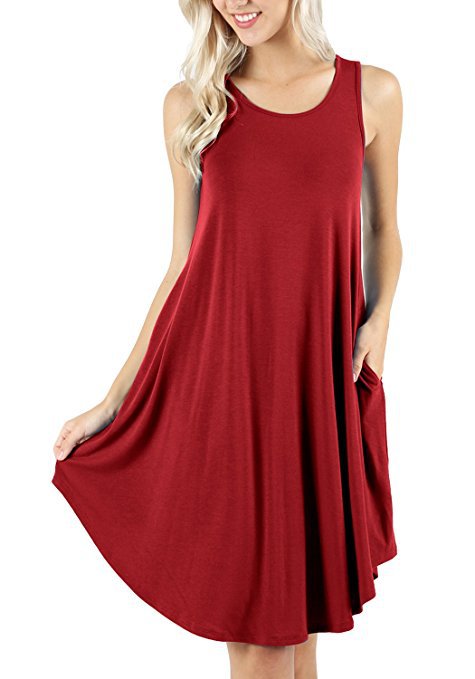 Scoop Neck Swing Dress With Pockets - red