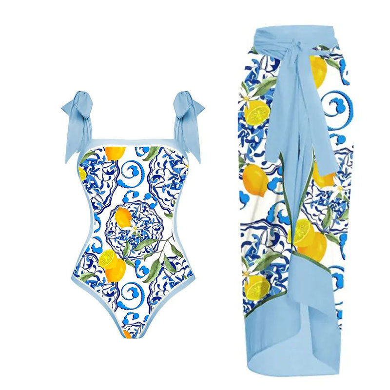 Tie Shoulder Square Neck Swimsuit And Sarong - Blue Lemon