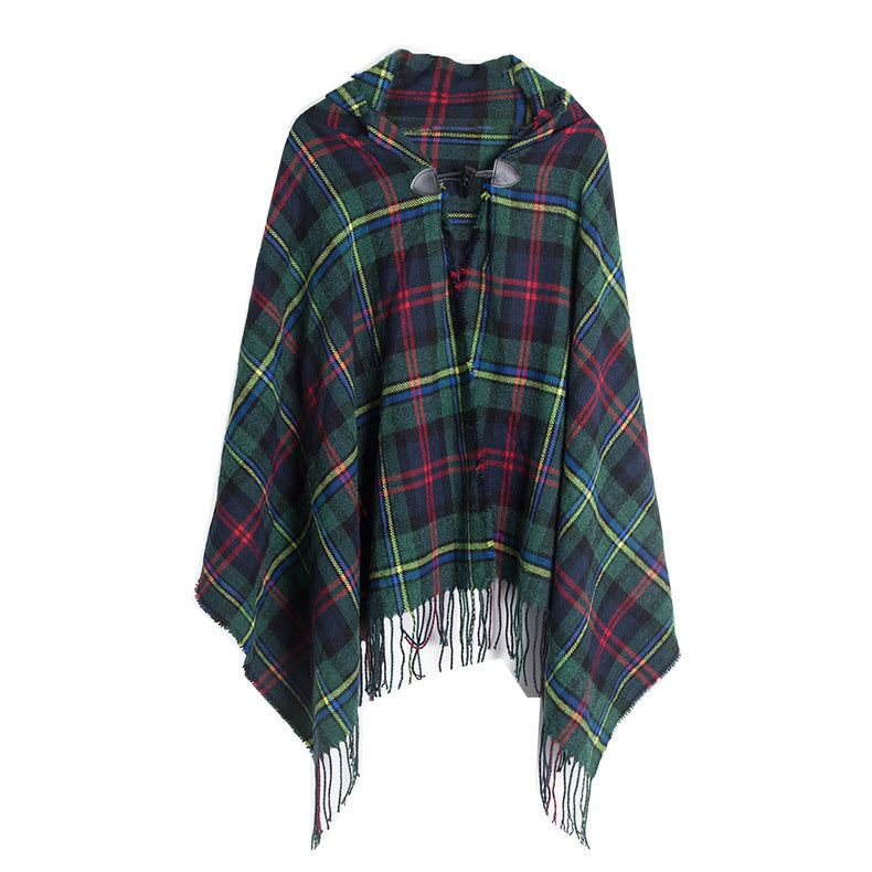 Tartan Plaid Hooded Poncho With Toggle - Green