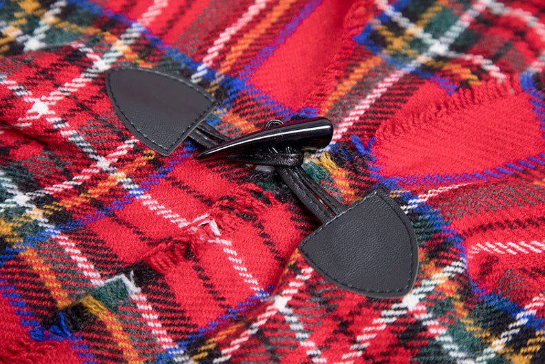 Tartan Plaid Hooded Poncho With Toggle - Red - 1