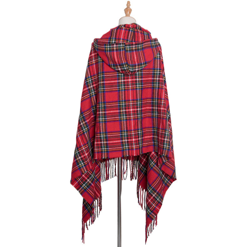 Tartan Plaid Hooded Poncho With Toggle - Red - 2