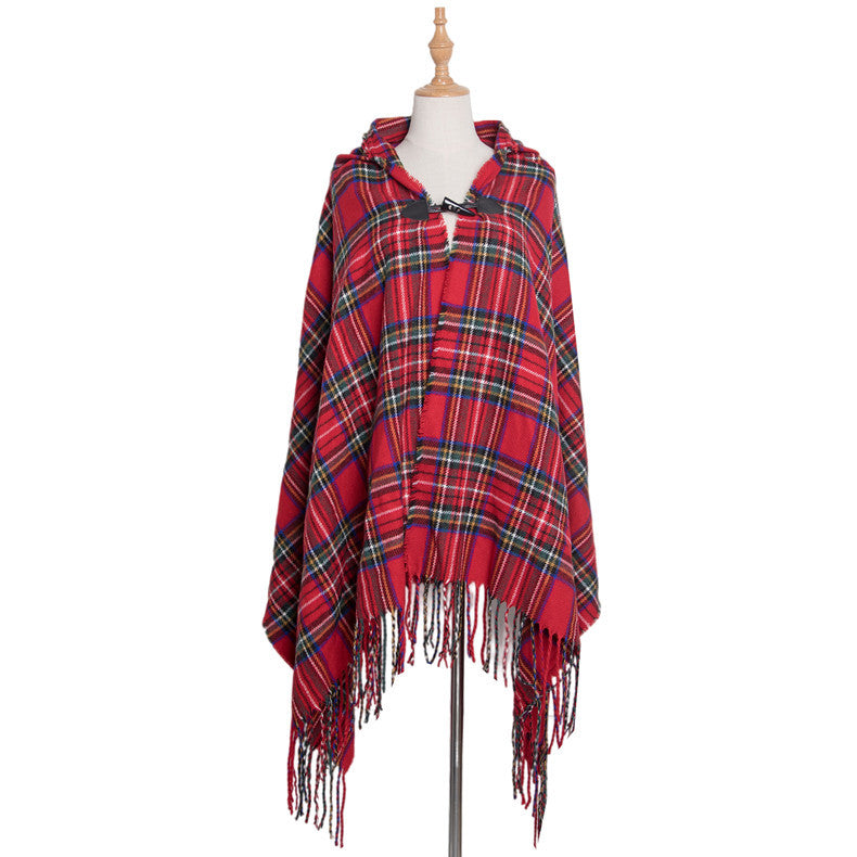 Tartan Plaid Hooded Poncho With Toggle - Red - 5