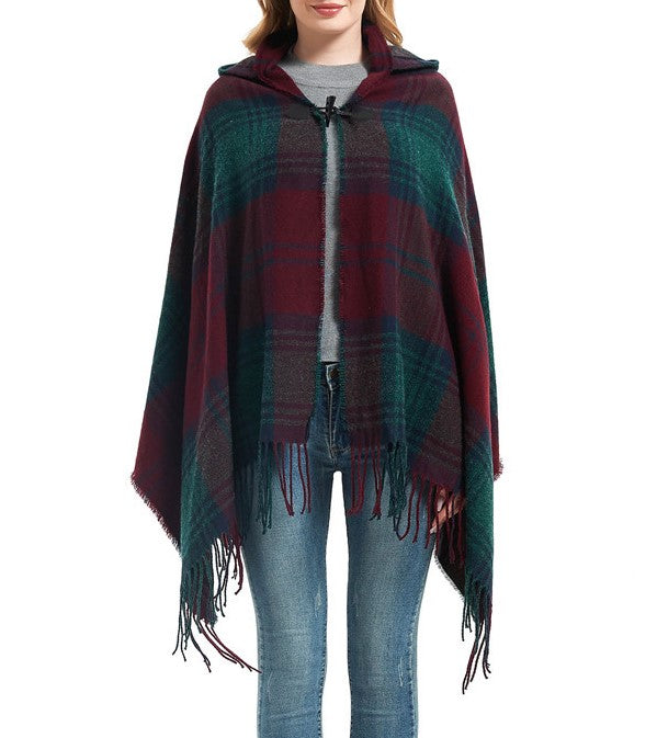Tartan Plaid Hooded Poncho With Toggle