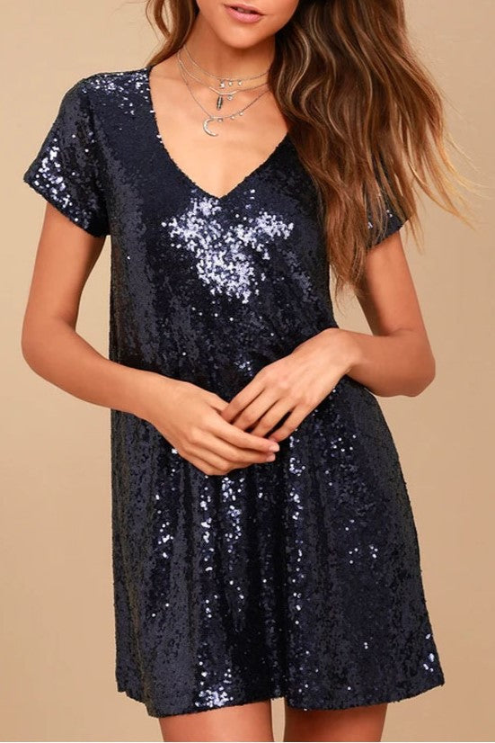 Sequin V Neck Short Sleeve Swing Dress - Black