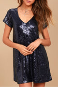 Sequin V Neck Short Sleeve Swing Dress - Black