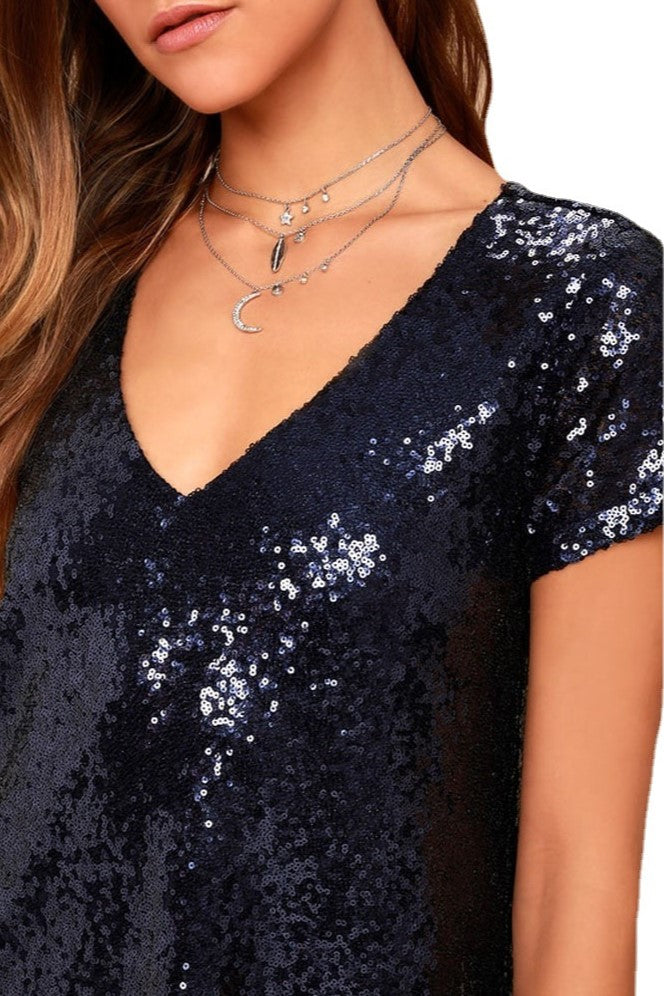 Sequin V Neck Short Sleeve Swing Dress - Black - 1