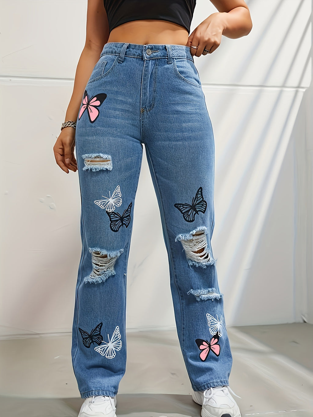 Butterfly Print Ripped Straight Leg Jeans - blue