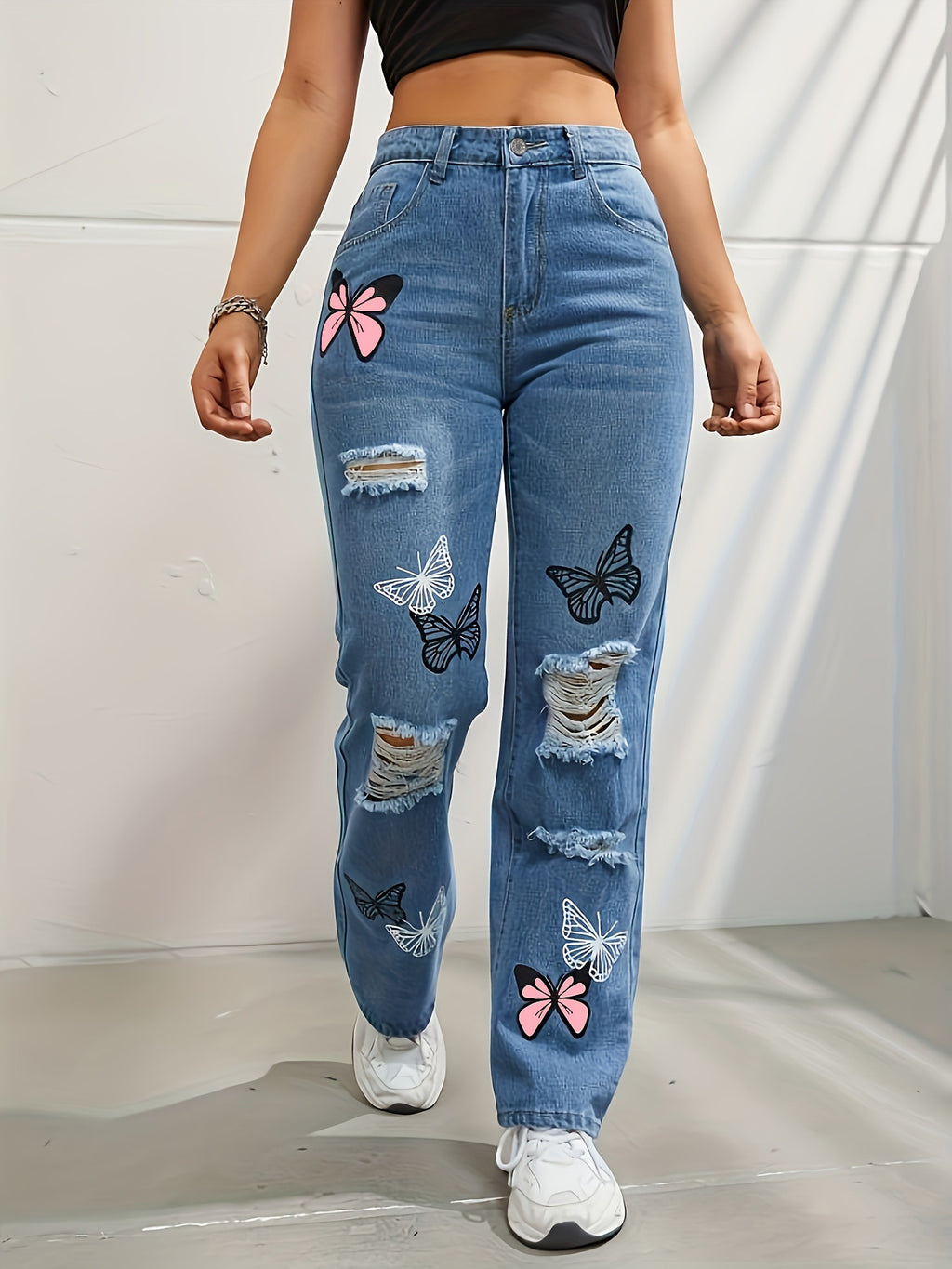 Butterfly Print Ripped Straight Leg Jeans - view 1