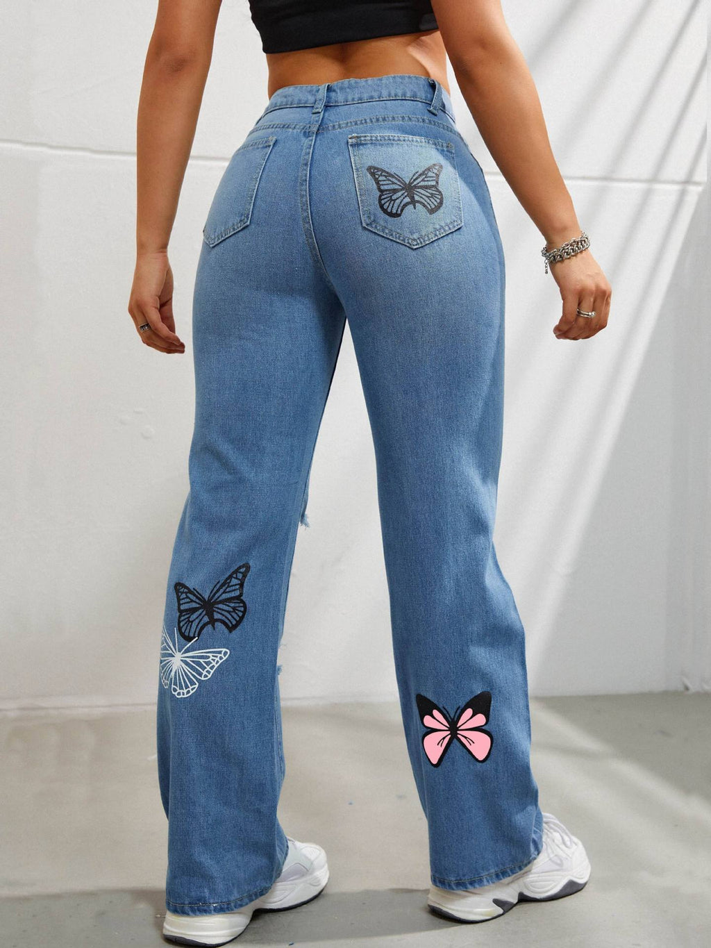 Butterfly Print Ripped Straight Leg Jeans - view 2