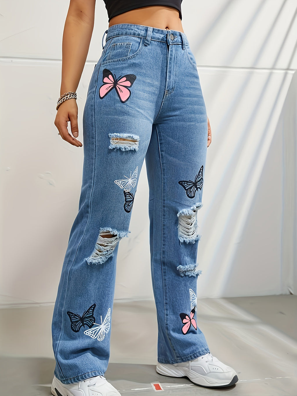 Butterfly Print Ripped Straight Leg Jeans - view 3