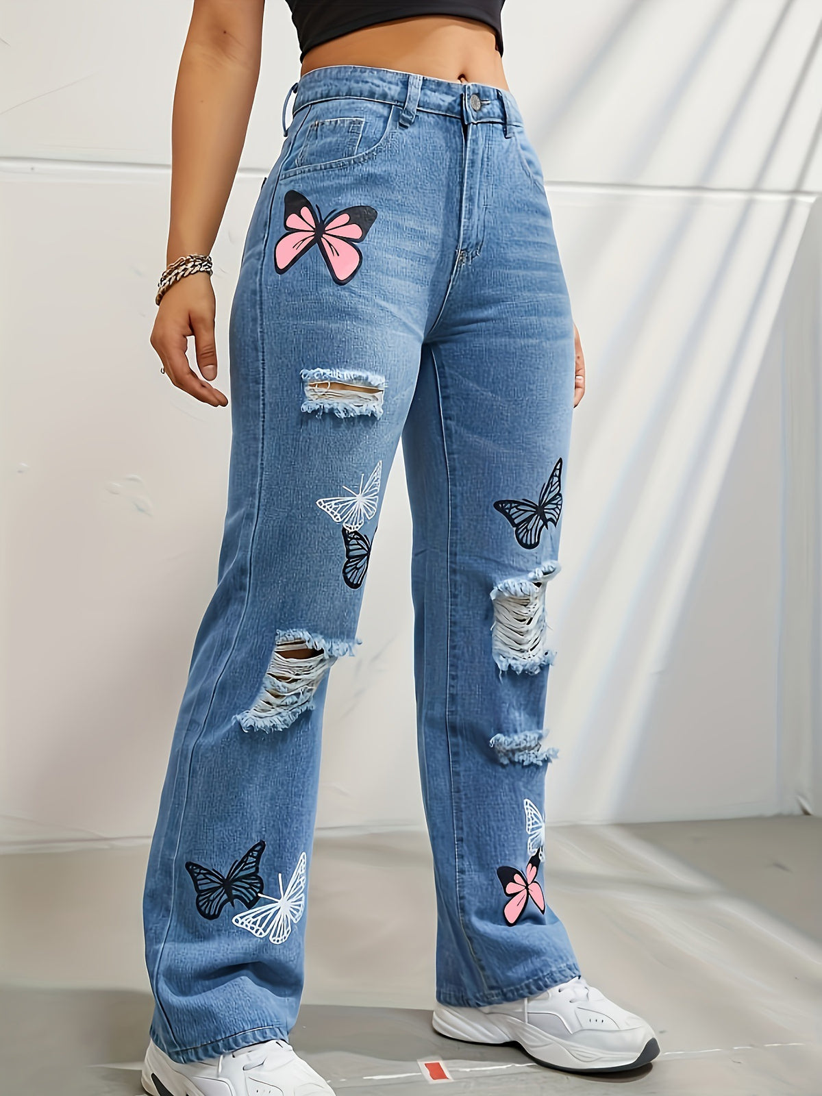 Butterfly Print Ripped Straight Leg Jeans - view 3