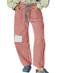 Striped Patchwork Drawstring Wide Leg Pants - Red