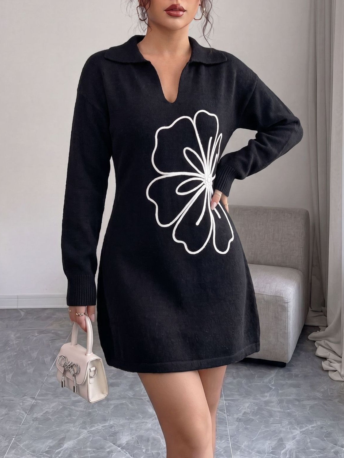 Floral Applique Collared Sweater Mini Dress - Black