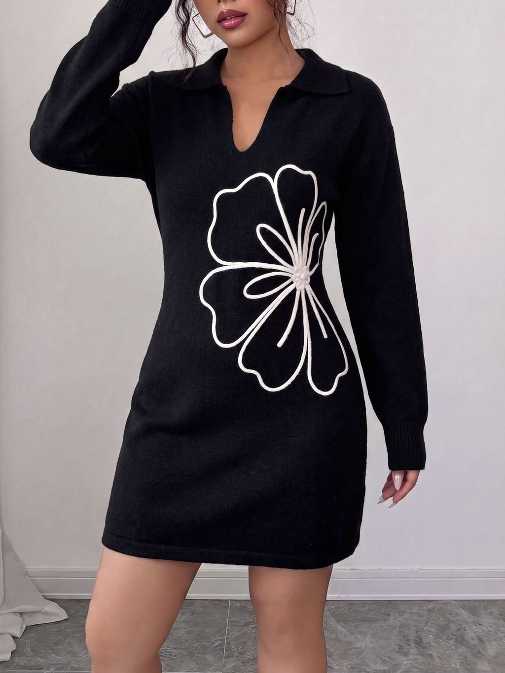 Floral Applique Collared Sweater Mini Dress - Black - 1